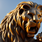 A low angle photo of a statue against a sky full of blue. The statue is of a lion with it's mouth open and it's teeth showing.