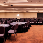 A photo of a conference in progress. There are people sitting at tables, with papers and laptops in front of them.