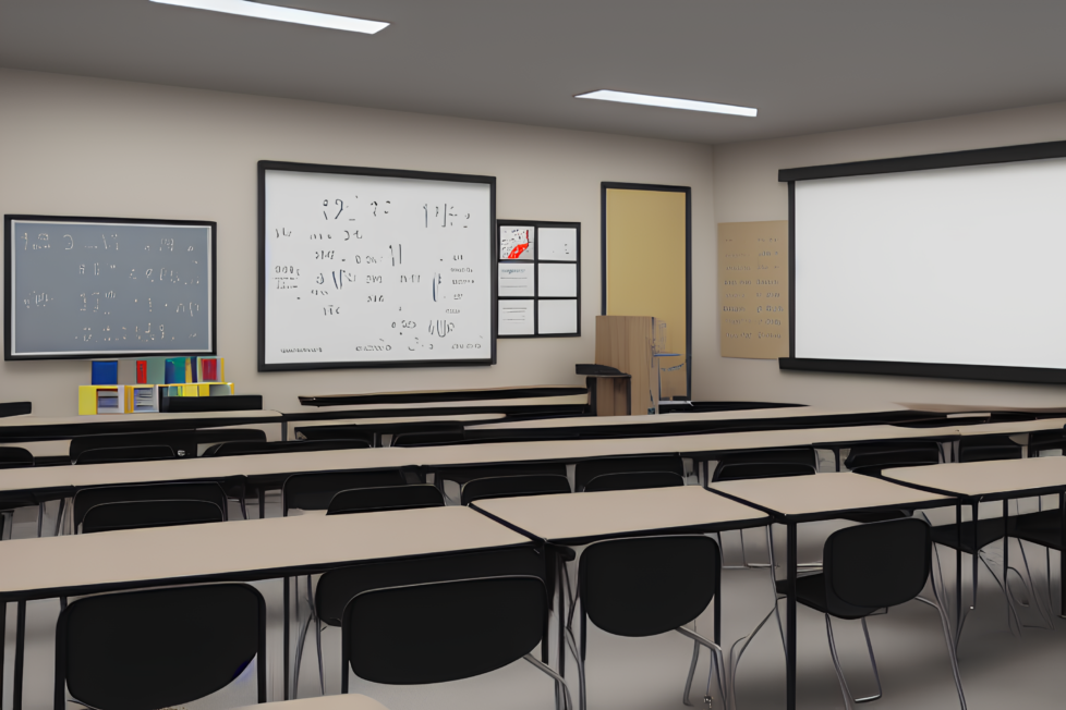 A photo of someone teaching a math class. The person is sitting at a desk with a whiteboard behind them.